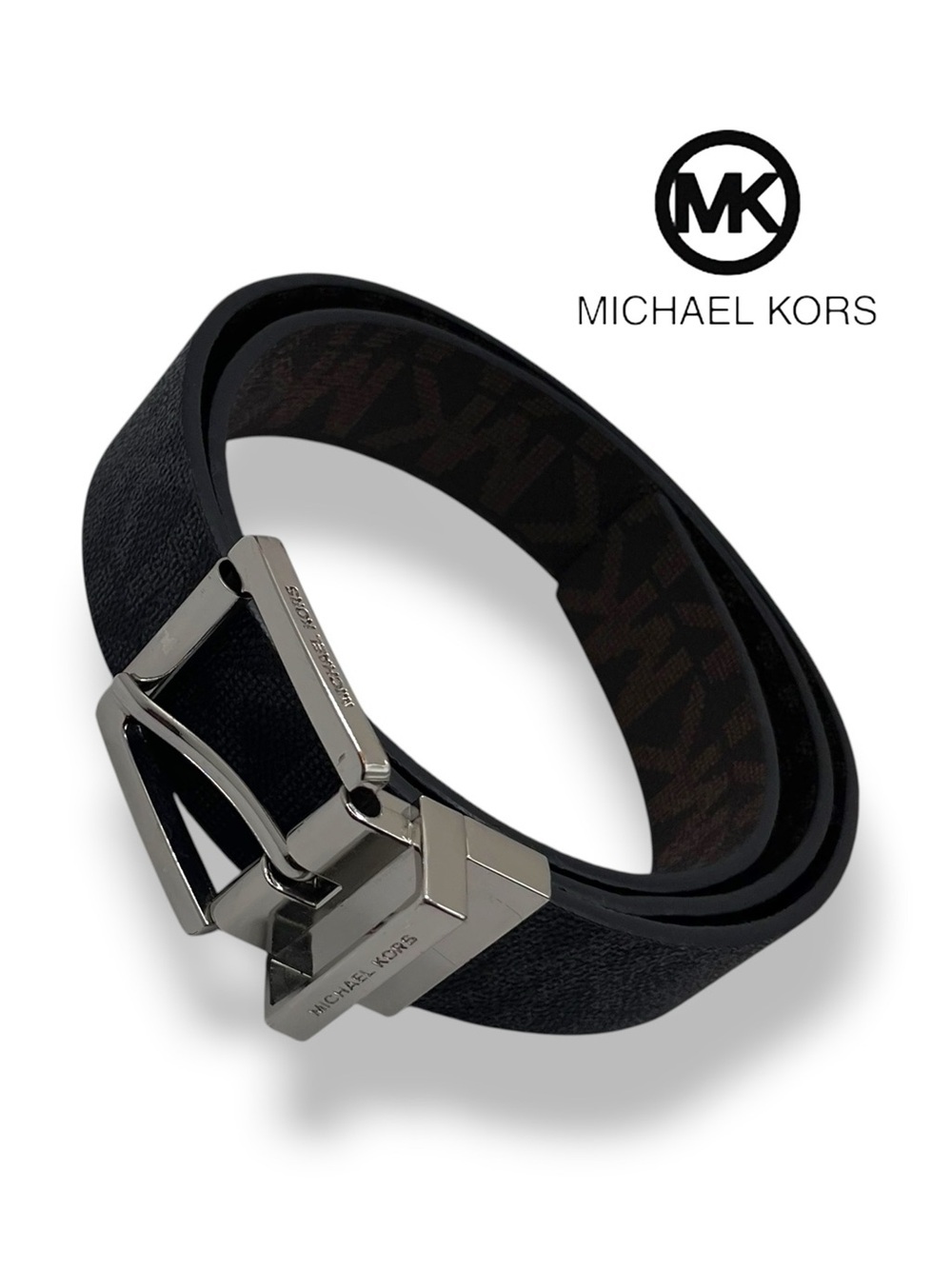 Michael Kors  Reversible Belt 
MK Logo Black Brown Silver Buckle Size Medium